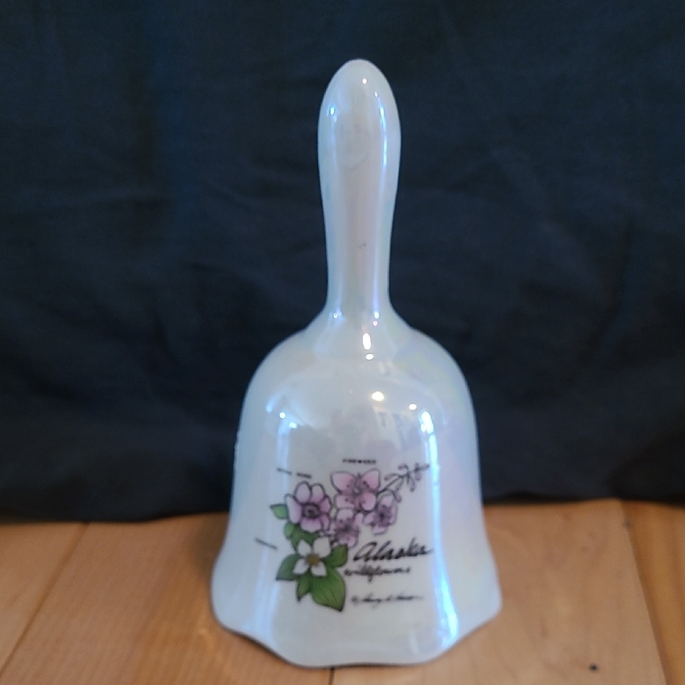 Alaska Wildflowers White Ceramic Bell with Pink Floral Design